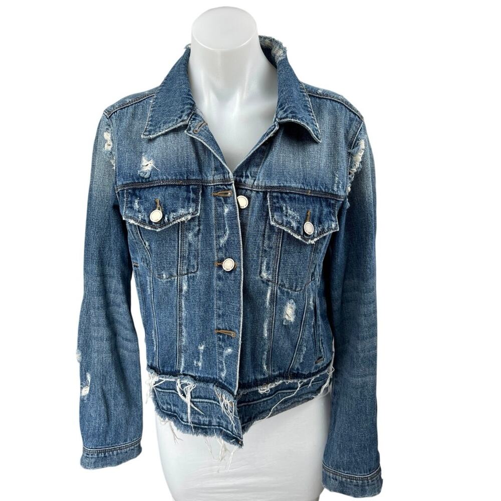 JBD Blue Distressed Long Sleeve Collar Button Down Denim Jeans Coat Jacket Sz M